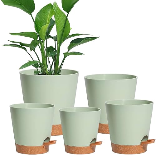 Macetas de autorriego para plantas de exterior de 76.565.55 pulgadas, paquete de 5 macetas para plantas de interior, macetas de plástico verdes para