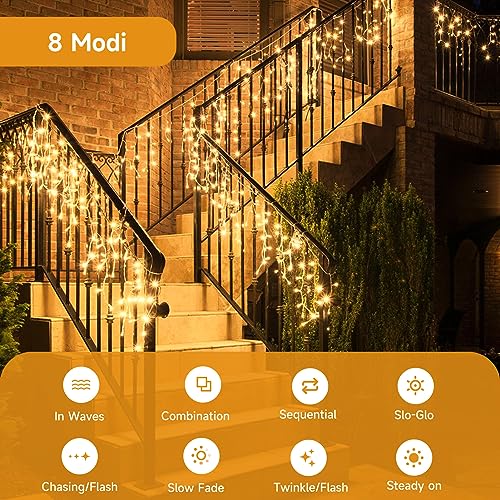WOWDSGN LED Eisregen Lichterkette Außen, 15M 660LED Eiszapfen mit Timer 8 Modi IP44 wasserdicht Strombetrieben, Lichtervorhang für Weihnachten Dachkante Dachrinne Terrasse Balkon Warmweiß