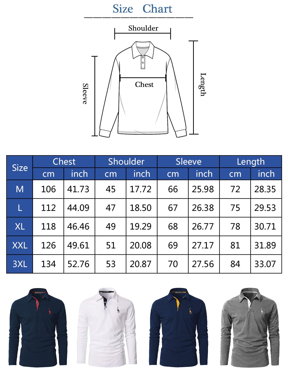 KUNJLELP 100% Cotone Polo da Uomo Manica Lunga Ricamo di Giraffa Maglietta Uniformi Polo da Lavoro per l'autunno e l'inverno