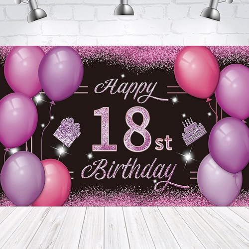 Cartel de fondo de 18 cumpleaños rosa y morado con el texto en inglés "Happy 18st Birthday", suministros para fiesta de cumpleaños de 18 años,