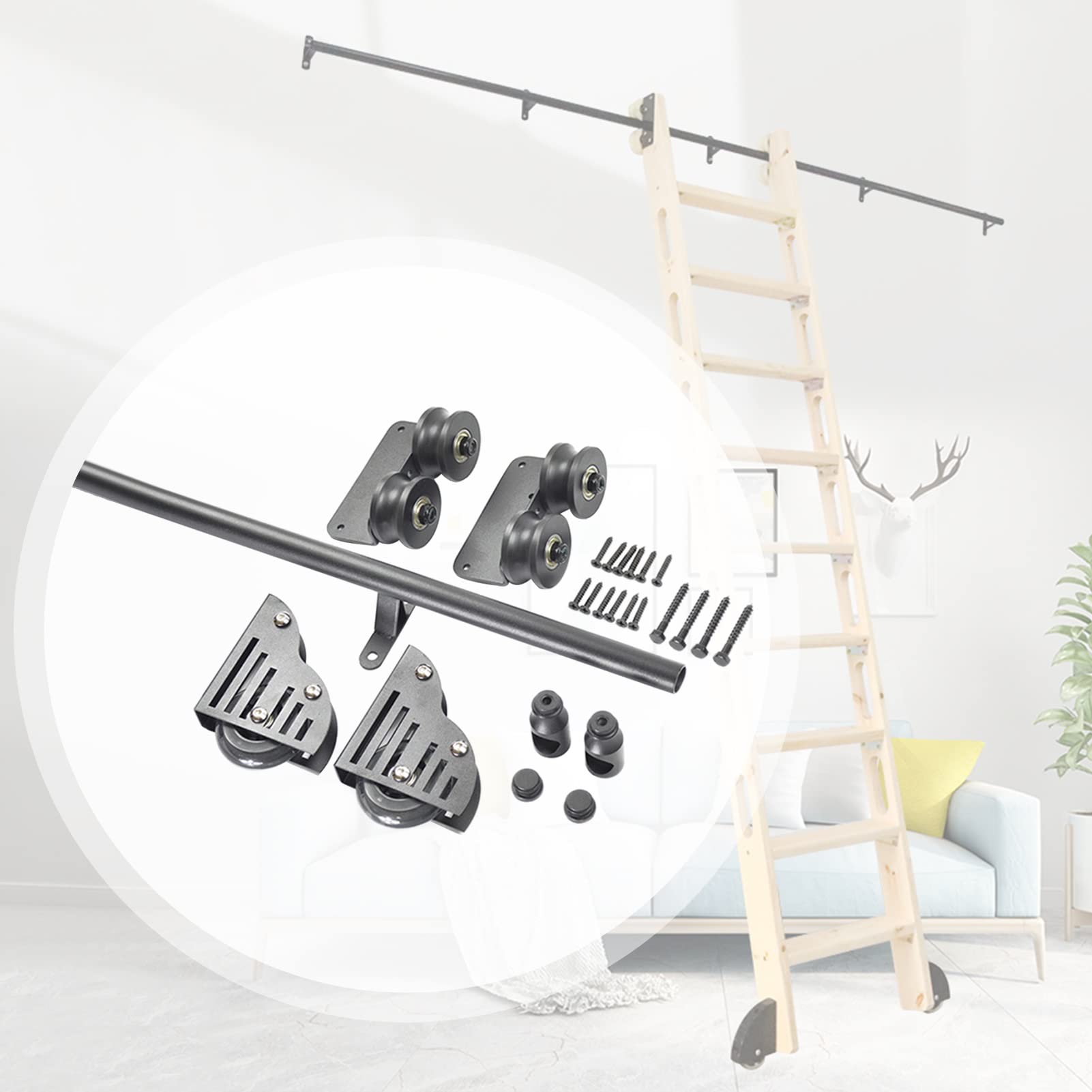 MiroDo Stand Up Black Rolling Library Hardware 3.3ft-20ft(No Ladder) with Floor Roller Wheels,for Home/Indoor/Loft/Library (Size : 3.3ft/100cm Track Kit)