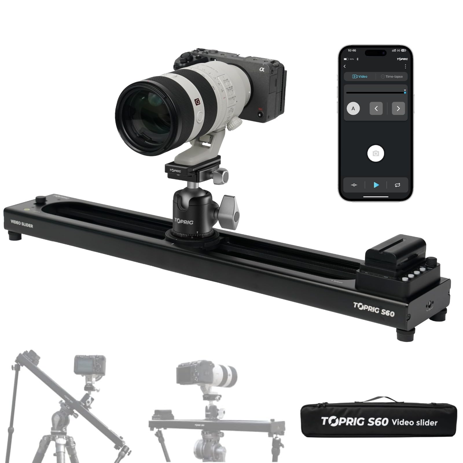 Accsoon Toprig S60 Motorized Camera Slider Camera Dolly Rail Slider Button/APP Control, Speed Adjust/Time-Lapse/120° Panoramic/Loop Mode, Compatible with Gopro DSLR Phone for Photography (24inch)