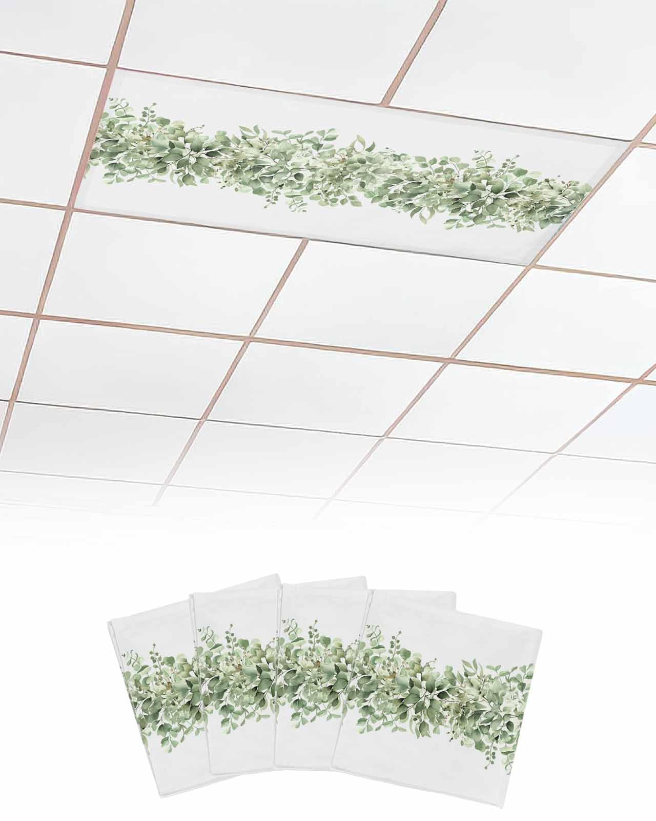 4 Pack Fluorescent Light Cover for Ceiling Lights, Sage Green Eucalyptus Leaves Magnetic Classroom Light Filters 4x2 Feet, Spring Summer Botanical Floral Decorative Ceiling Light Covers
