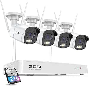 ZOSI 4MP QHD 2.5K WiFi Security Camera System Outdoor, 8 Channel H.265+ NVR with 2TB HDD for 24/7 Record, 4 X 4MP Wireless Camera, Color Night Vision, Plug-in, AI Detection, 2-Way Audio, Siren Alert