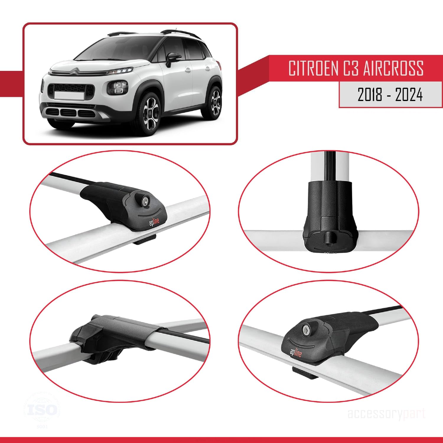 Barras De Techo Para Citroën C3 Aircross (A88) 2018-2024 Modelo ACE-1 | 2 Barras Aluminio Gris, Soporte 75 Kg