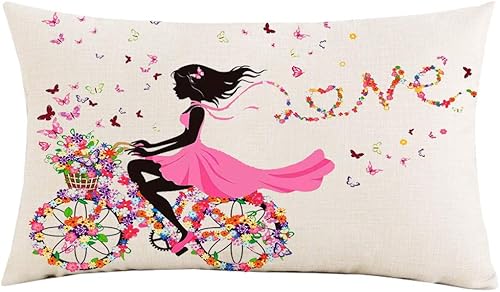 Funda de almohada lumbar de 12 x 20 pulgadas, regalo de mariposas, rosa, niña, flores, bicicleta, amor, hermoso, colorido, algodón, lino,
