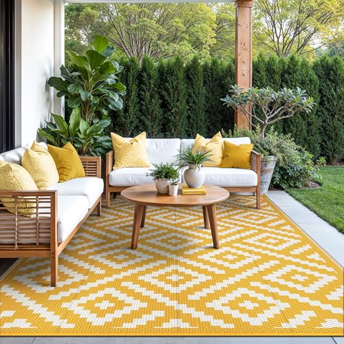 Image of GENIMO Outdoor Rug, Waterproof Plastic Rugs for Patio, 6'x9' Yellow White