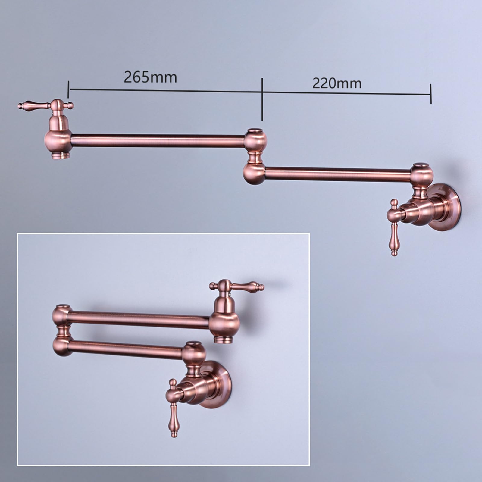 Küchenarmatur Wandmontage Kaltwasser Faltbar mit Doppelgelenk-Schwenkarm Topffüller Wasserhahn Zweigriffarmatur, Rotbronze