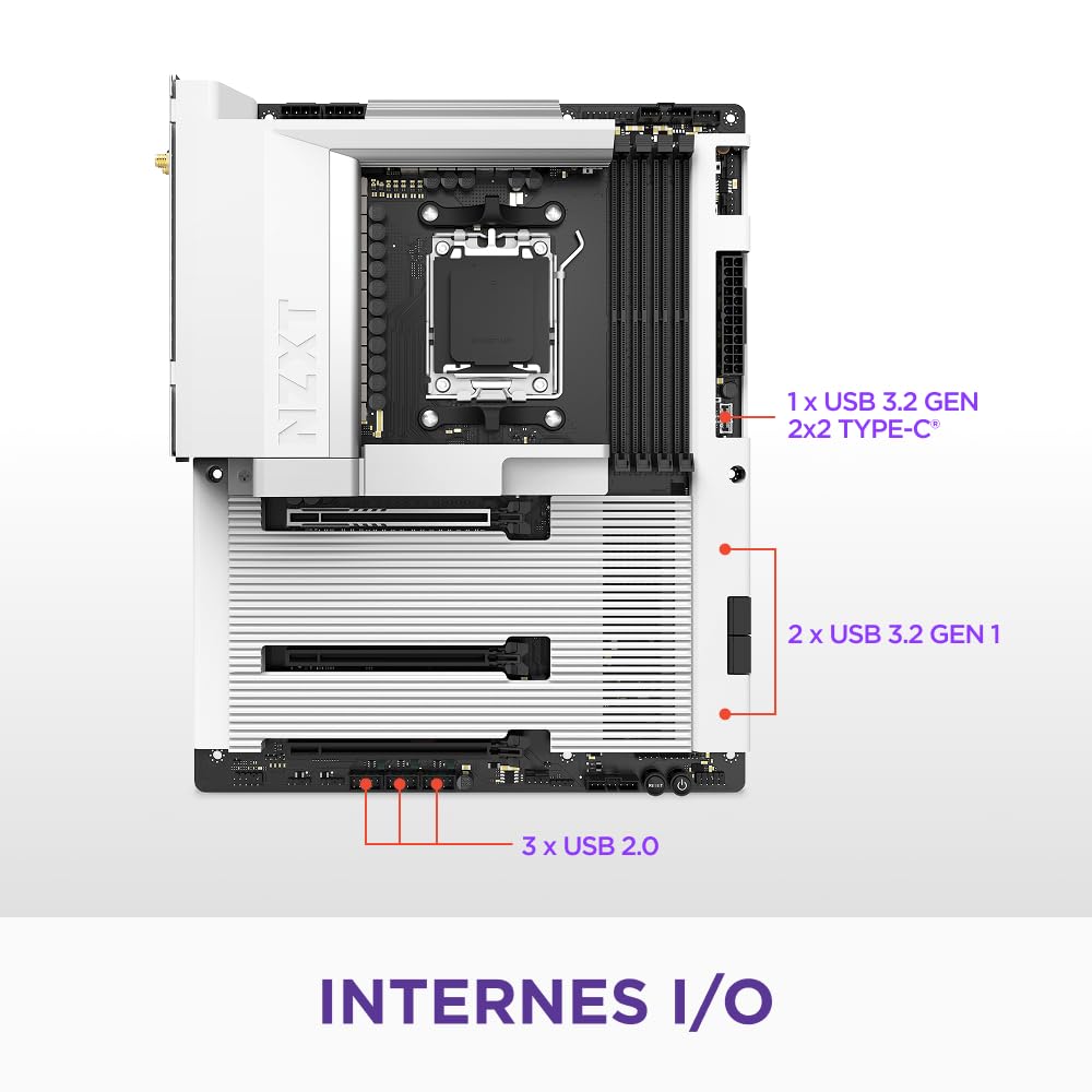 NZXT N7 B850 - AMD B850 AM5 ATX Gaming-Mainboard für Ryzen 9000/8000/7000 – 16+2+1, DDR5, 3X M.2, PCIe 5.0, Wi-Fi 6E, 2.5GbE, USB 4 – M.2 NVME mit Schnellverschluss – Vollabdeckung – Weiß