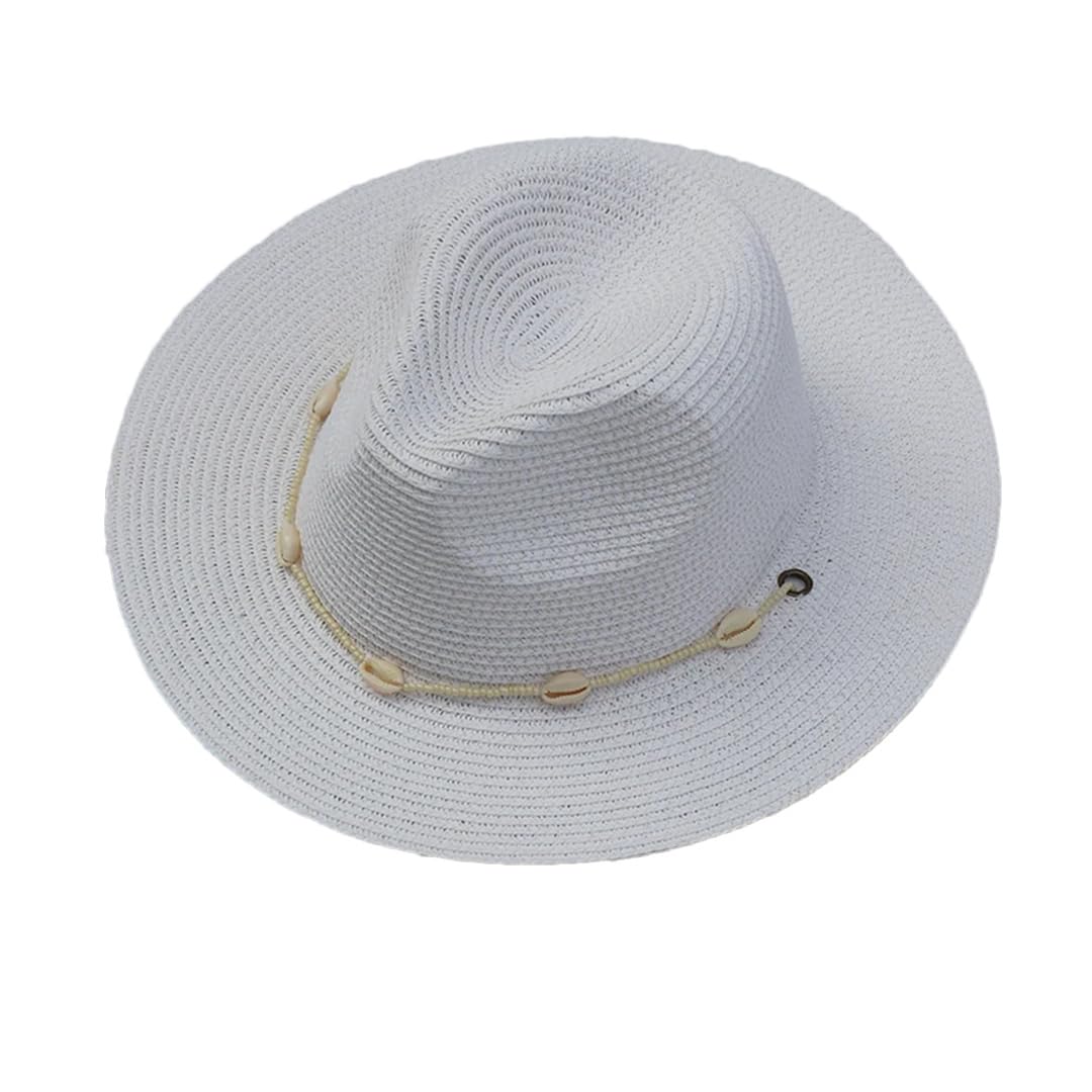 LCUVIMPEX Bucket Hats， Women Paper Straw Fedora Beach Hat Multicolor Beads Seashells Adjustable Chin Strap(White)