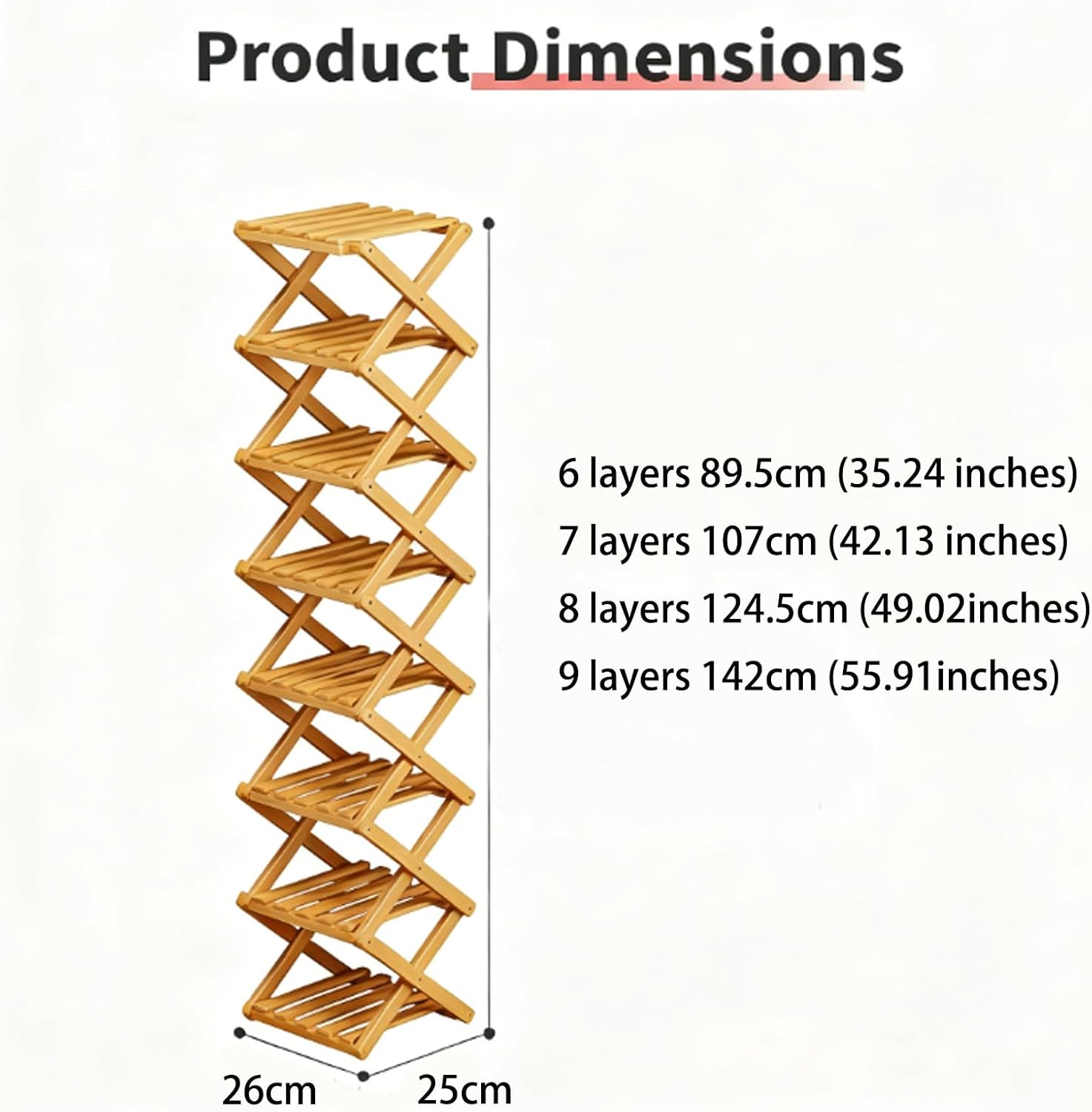9 Tier Bamboo Shoe Rack, Tall Narrow Foldable Shoe Organizer Space-Saving Storage,No Assembly Narrows Shoe Tower, Vertical Shoe Rack Narrow for Entryways, Corners, Bedrooms (7 Layer,Brown)