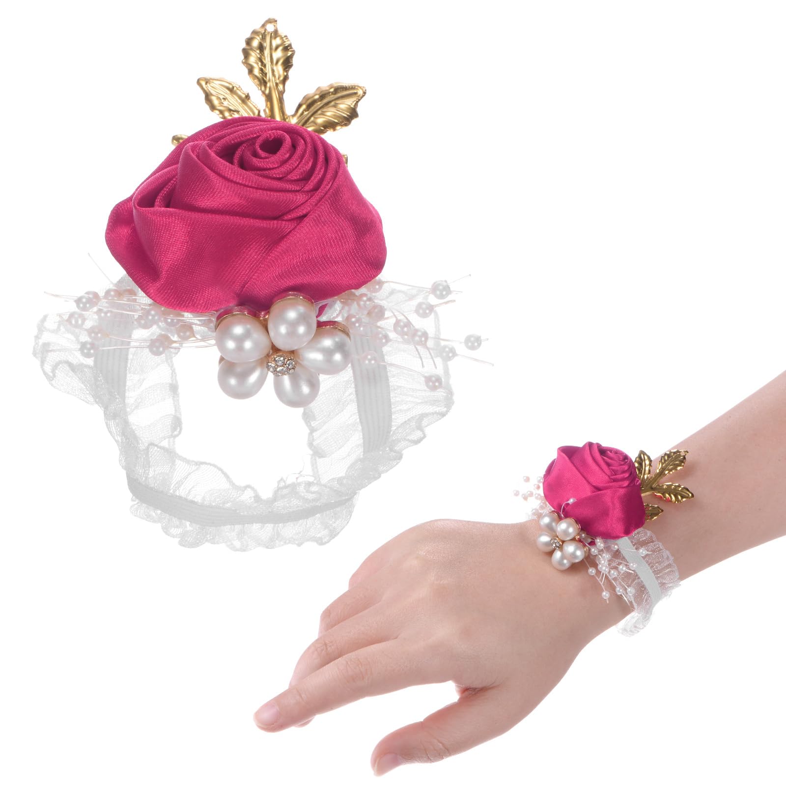 M METERXITY 1-Pack Wrist Corsage Bracelets, Artificial Flower Corsage Wristlets for Wedding/Prom/Party, Wrist Corsages Band Decoration Hand Flower [Rose Red]