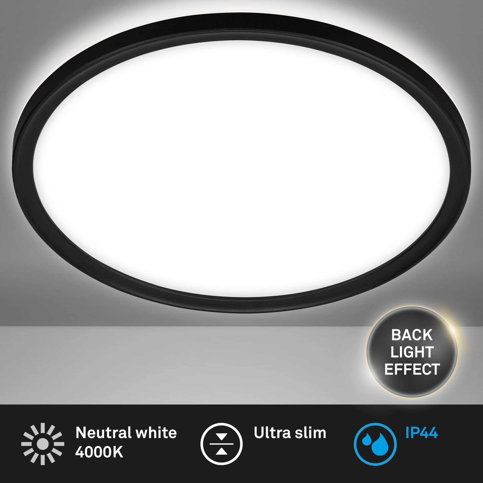 BRILONER Leuchten - Plafonnier LED pour salle de bains avec rétroéclairage, lampe de salle de bains LED IP44, extra-plat, lumière blanc neutre, noir, 290x35 mm (DxH)