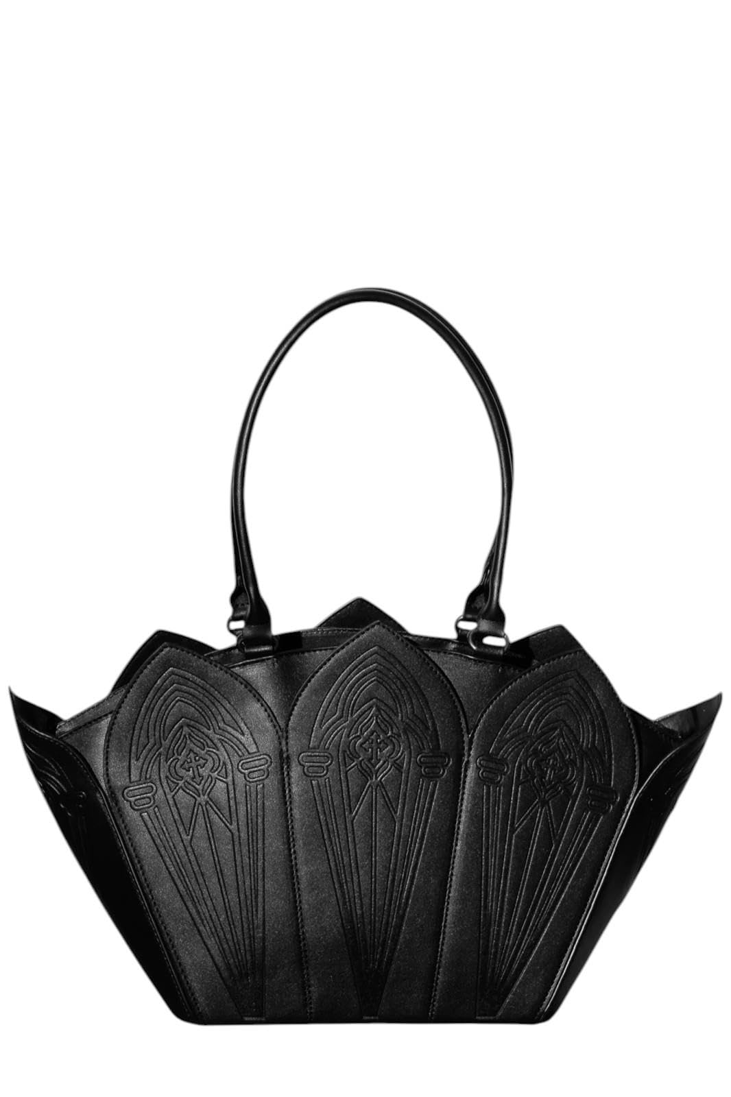 Restyle Borsa shopper Crucis Umbra, borsa tote gotica a forma di cattedrale | Motivi a cattedrale tagliati al laser, pelle vegana, tracolla removibile, tasca con zip, borsa shopper gotica, spazioso