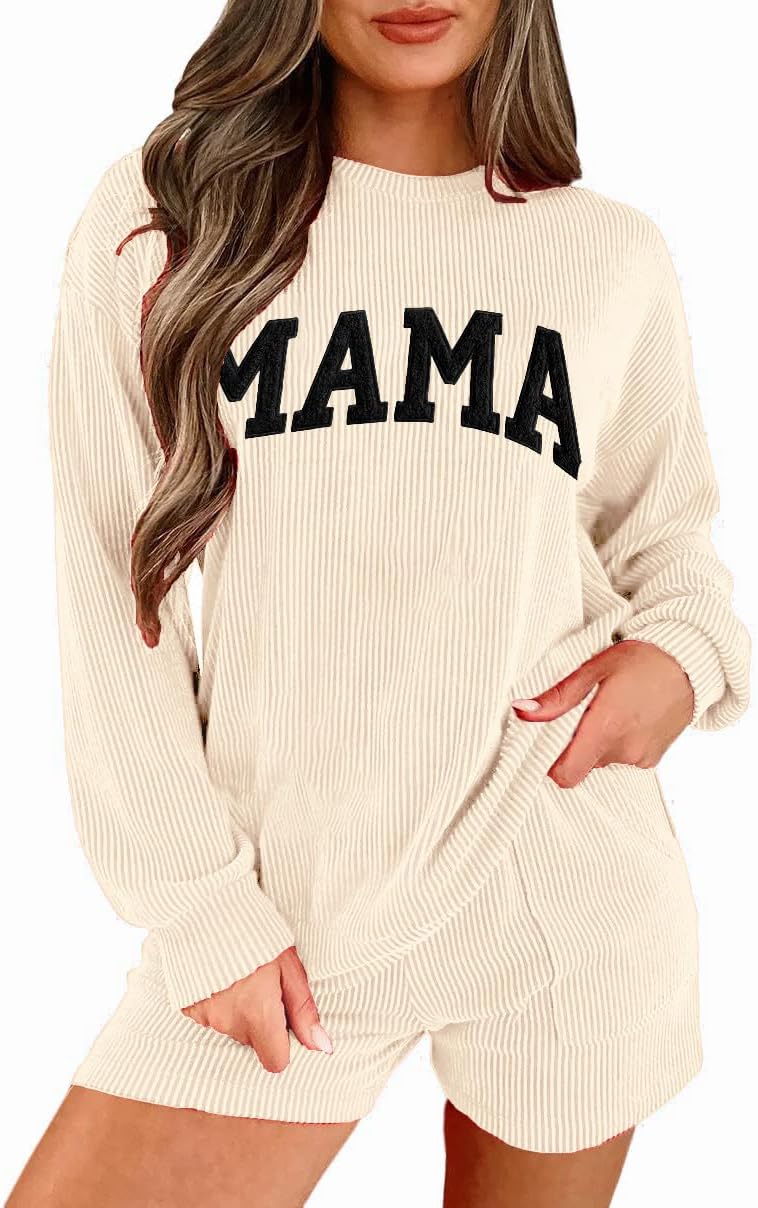 Opemiby Womens Ribbed Pajama Sets Long Sleeve Top and Shorts Matching Lounge Set Loungewear Sweatsuit with Pockets