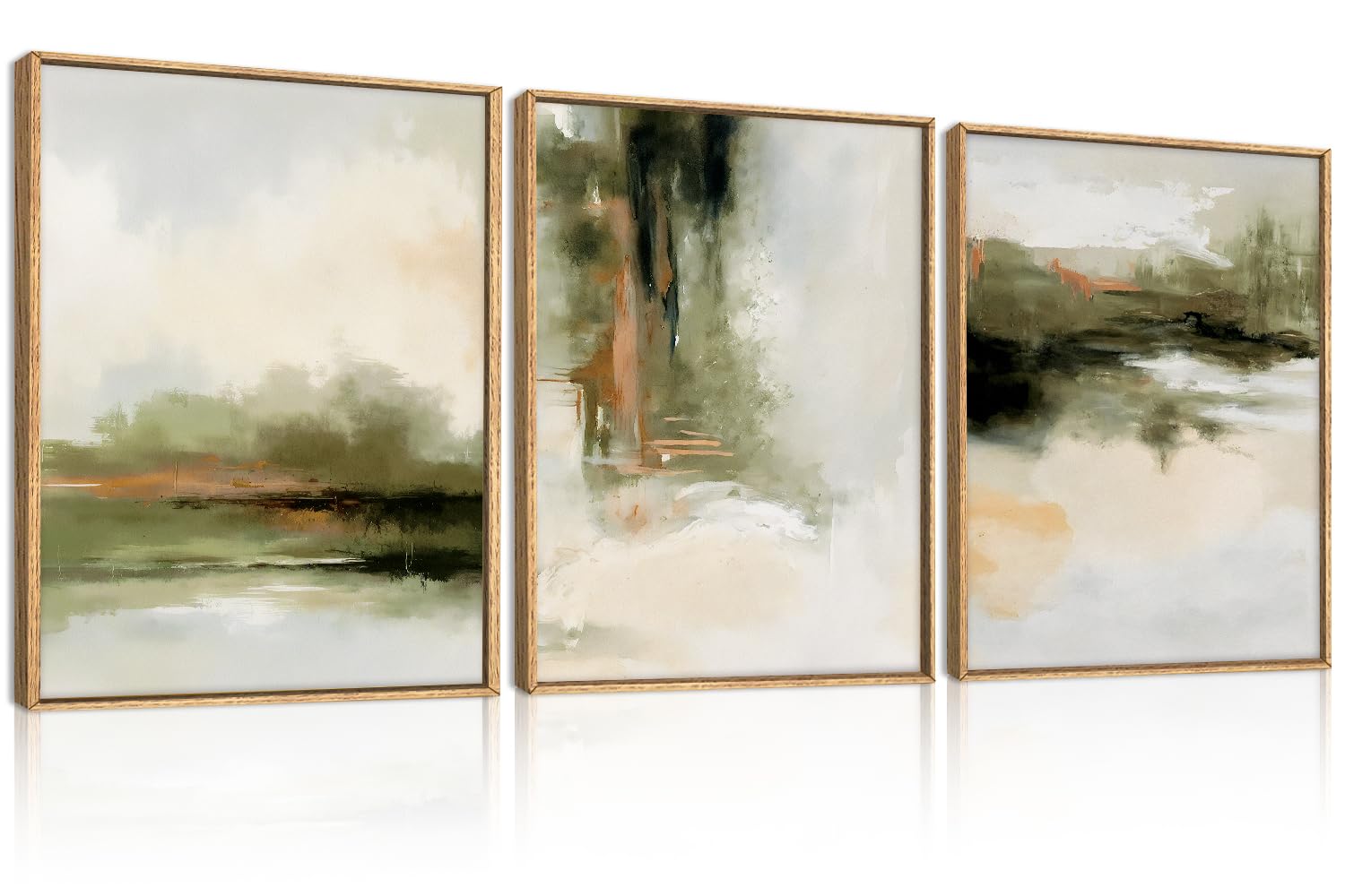 KAIRNE Green Brown Abstract Neutral Framed Canvas Wall Art Set-12"x16"x3 | Watercolor Shapes Wall Decor,Minimalist Brush Stroke Art Prints,Modern Tan Artwork for Living Room,Bedroom,Farmhouse,Office