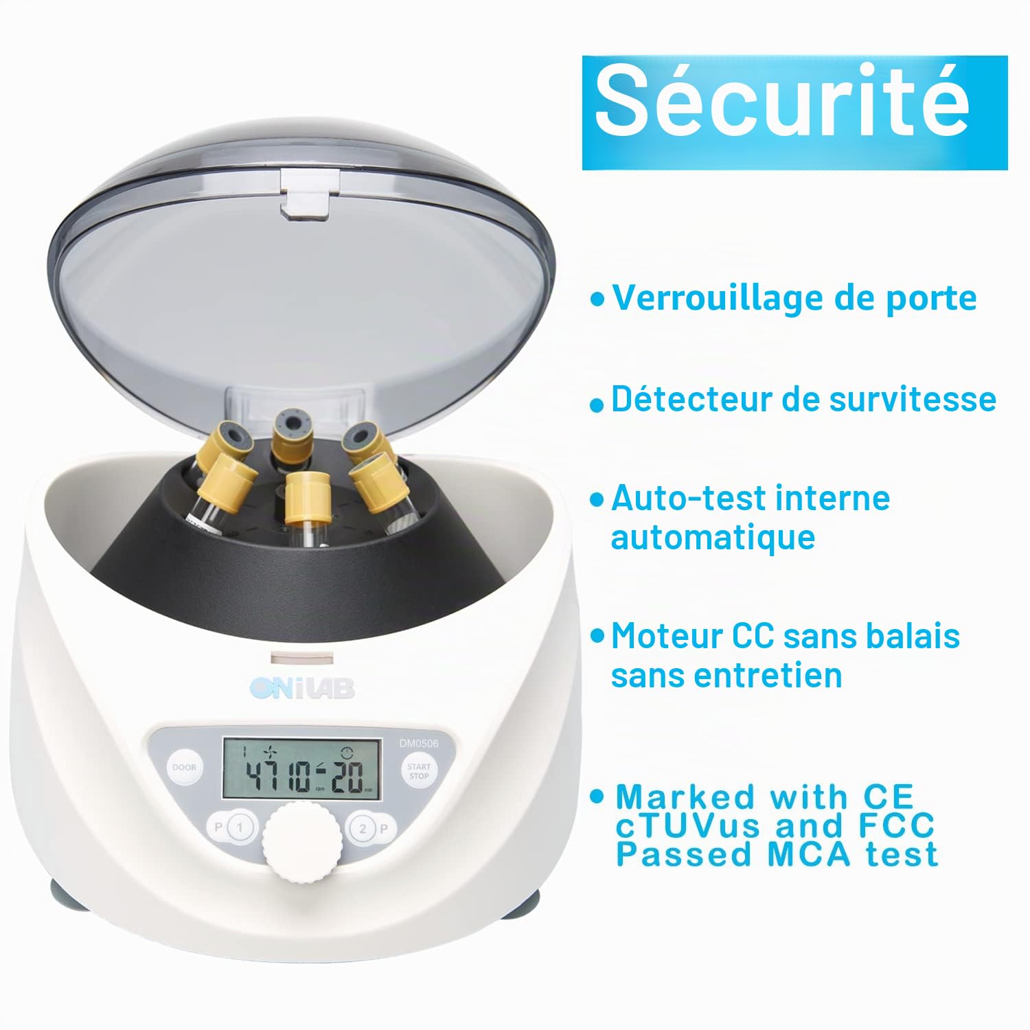ONiLABCentrifugeuse de paillasse Lab PRP 6x15 ml/10 ml/7 ml/1,5-5 ml, 300-5000 tr/min (max. 2600 x g RCF), centrifugeuse de paillasse numérique à écran LCD avec minuterie 30 s-99 min, deux programmes