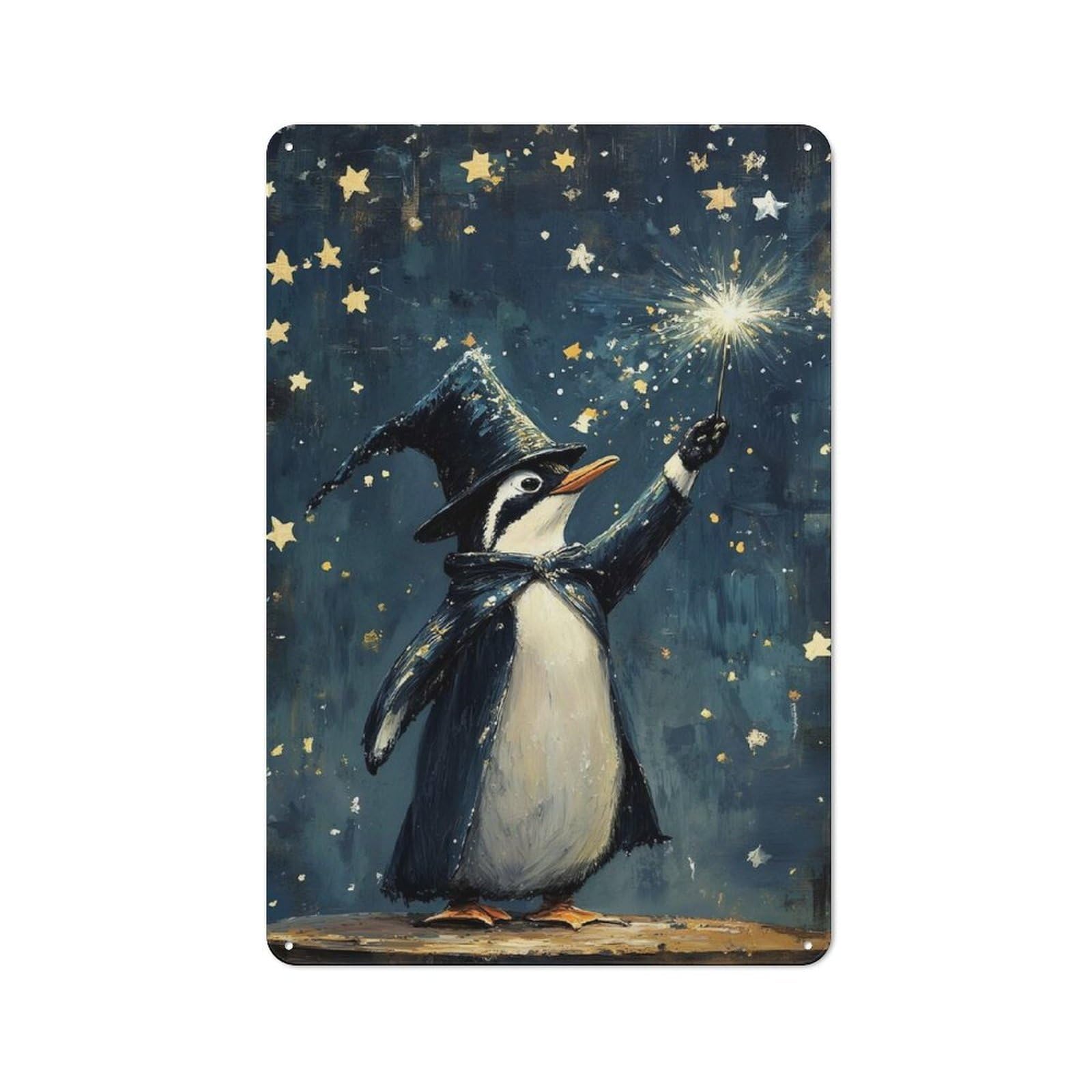 Junmoney Penguin Wizard With Wand And Stars 30X20cm Retro-Style Tin Sign With For Café Or Restaurant, Winter Wall Decor For Hospitality Interior Collectors
