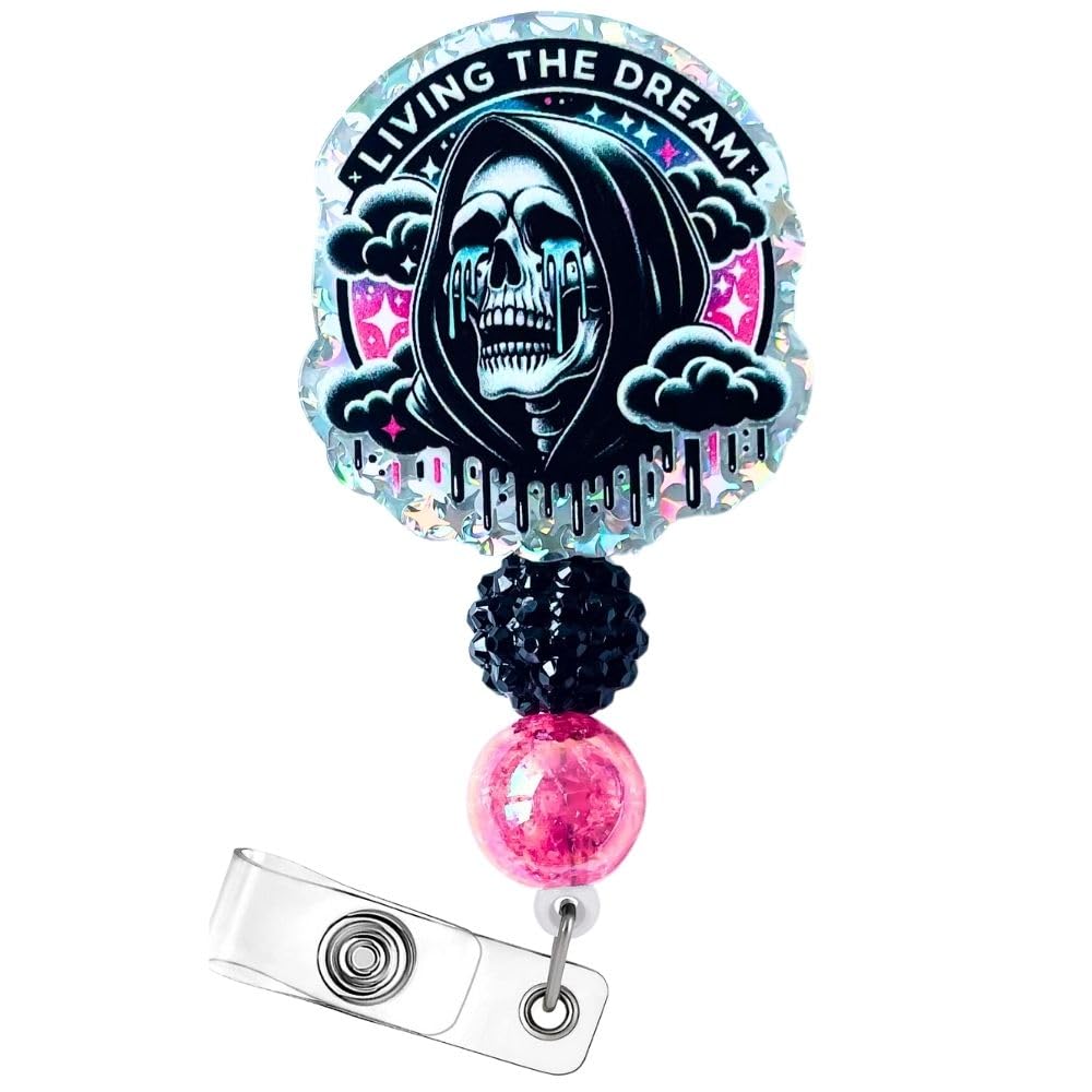 Living the Dream Funny Halloween Badge Reel Retractable ID Name Holder Clip Fun Spooky Ghost Skull Grim Reaper Radiology Skeleton Sarcastic ER Tech RN CNA MA Life Nurse Nursing Gifts Accessories — image 1