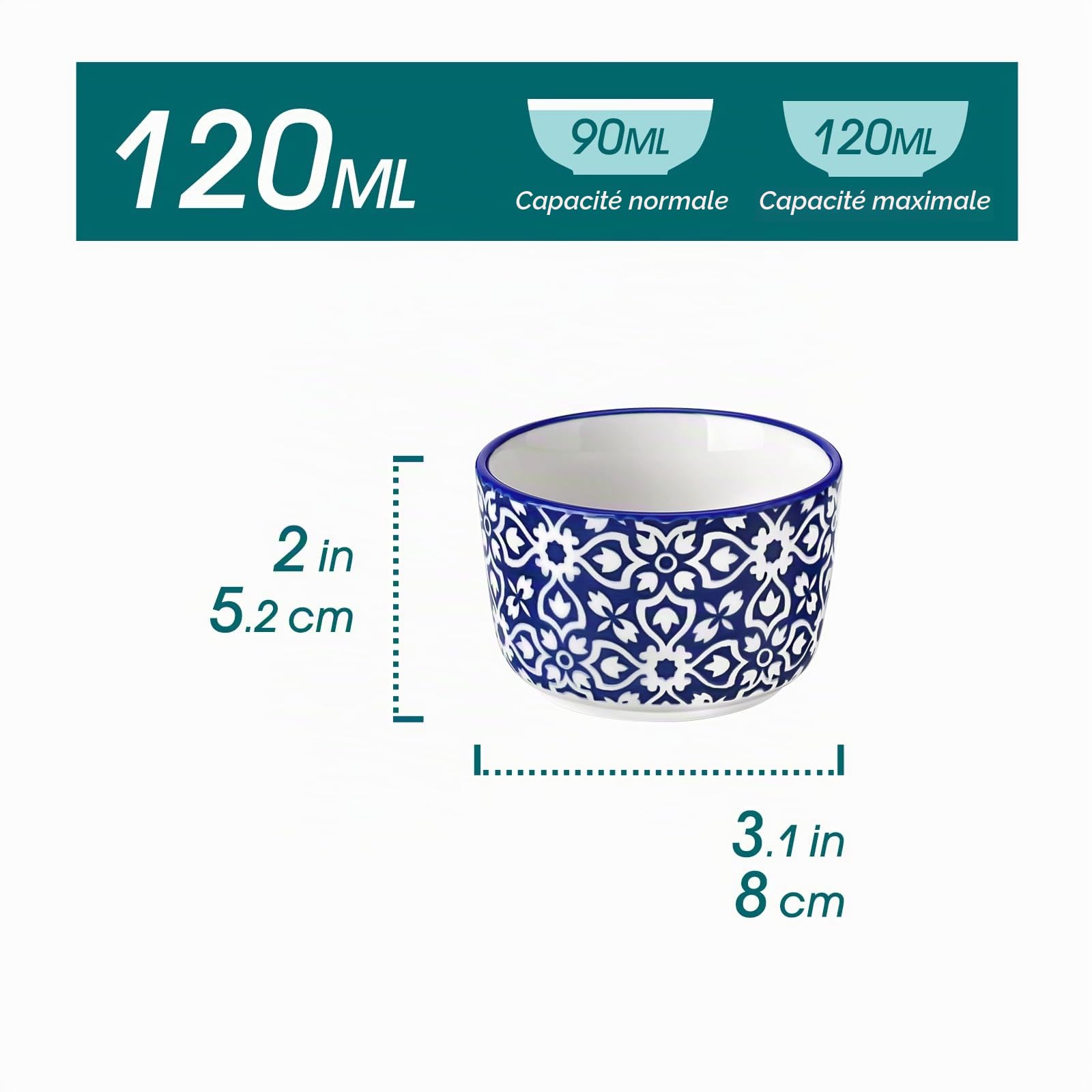 vancasso Ramequins Lot, 6 X 120 ML Ramequins et Moules à Soufflés en Porcelaine Bleu et Blanc, Ramequin Creme Brulee pour Muffin et Gâteau, Ramequin Pour à Crème, Sauce - Ø8 CM - Style Chinois
