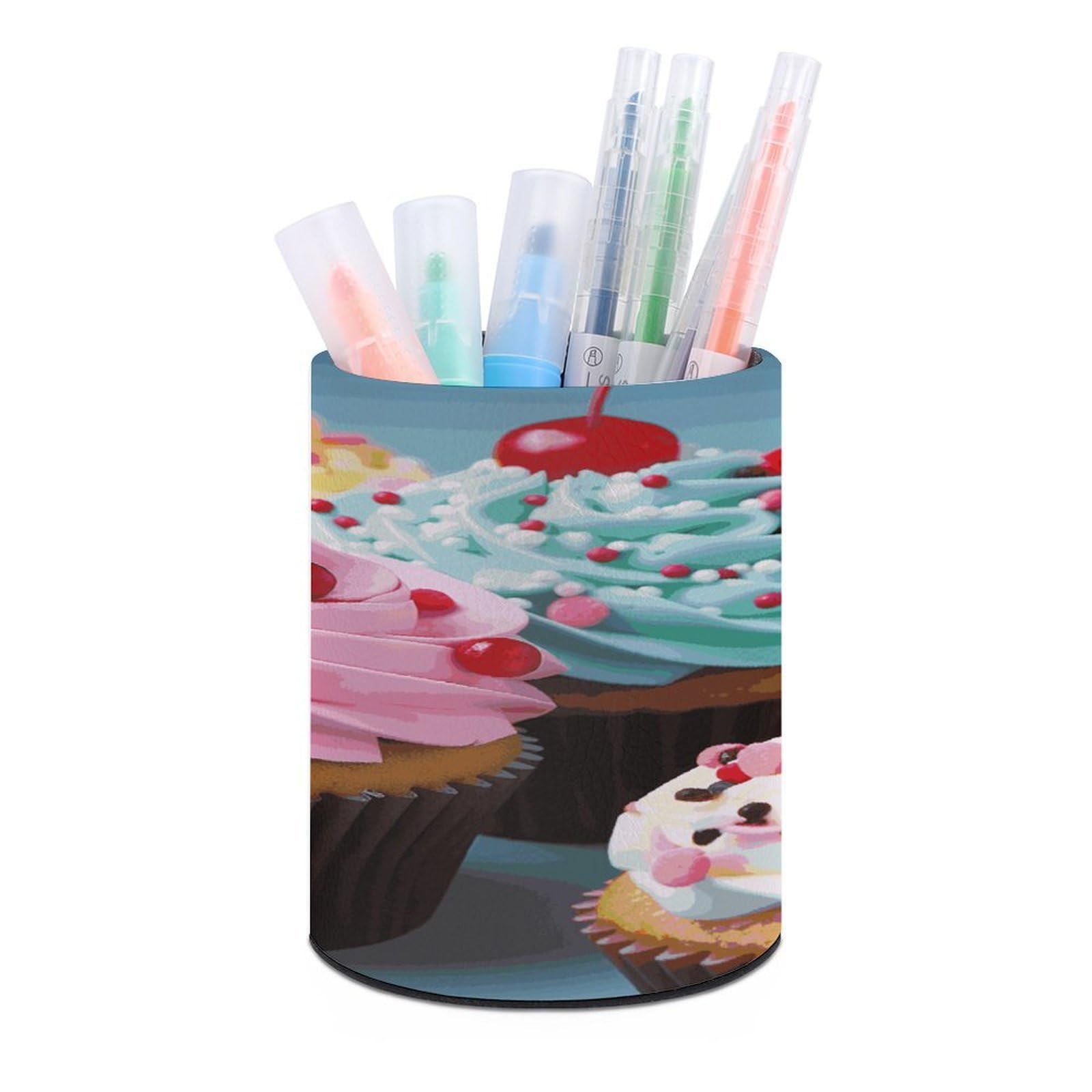 FekiLoot PU Leather Round Pen Holder Cupcake Pencil Holder Desk Organizer Pen Organizer Pen Cup Pencil Cup Caddy Desktop Stationery Organizers for Office Home Supplies