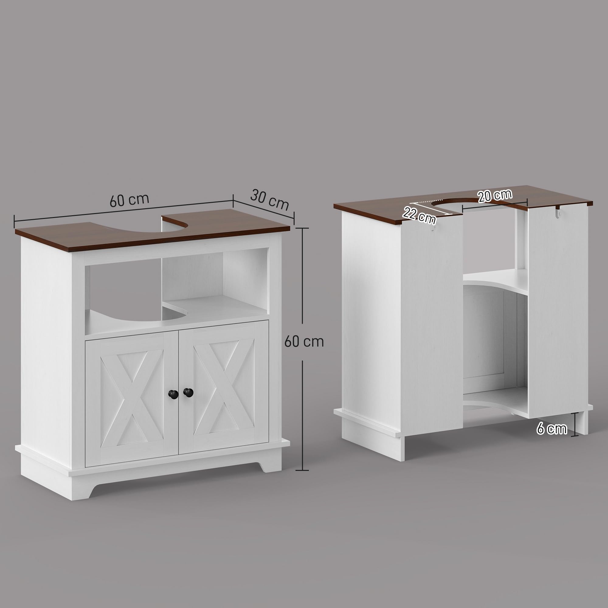 kleankin Mobile Bagno Sotto Lavabo Armadietto a 2 Ante Bianco e color Noce | Ripiano Aperto, Truciolato, Mobile da Bagno per Lavabi con o Senza Colonna, 60x30x60 cm, Bianco e color Noce