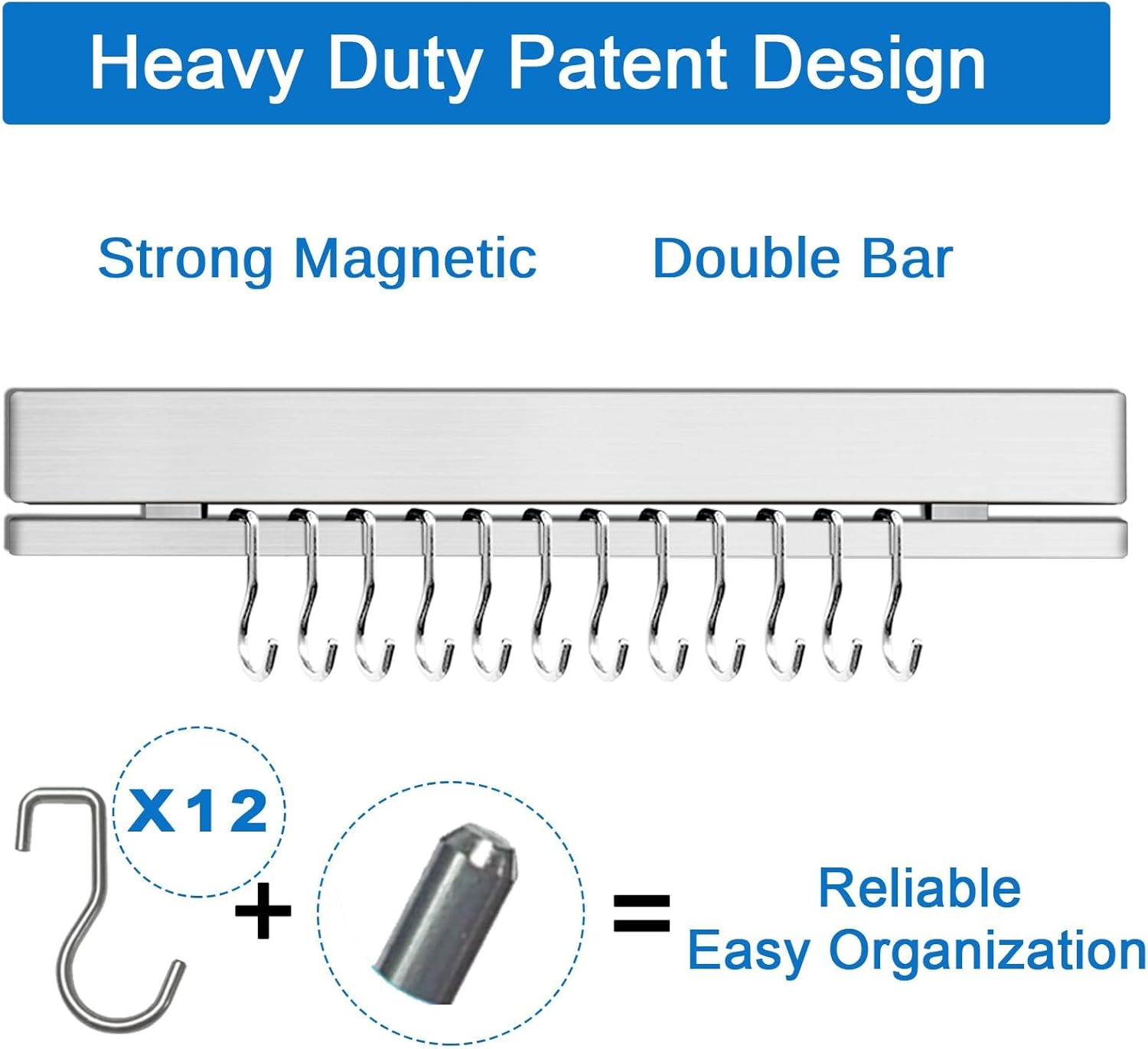 17 Inch Magnetic Knife Holder for Wall No Drill/Drill with 12 Hooks-Strong Adhesive Double Bar Knife Magnetic Strip-Kitchen Utensil Holder-304 Stainless Steel Magnetic Knife Block