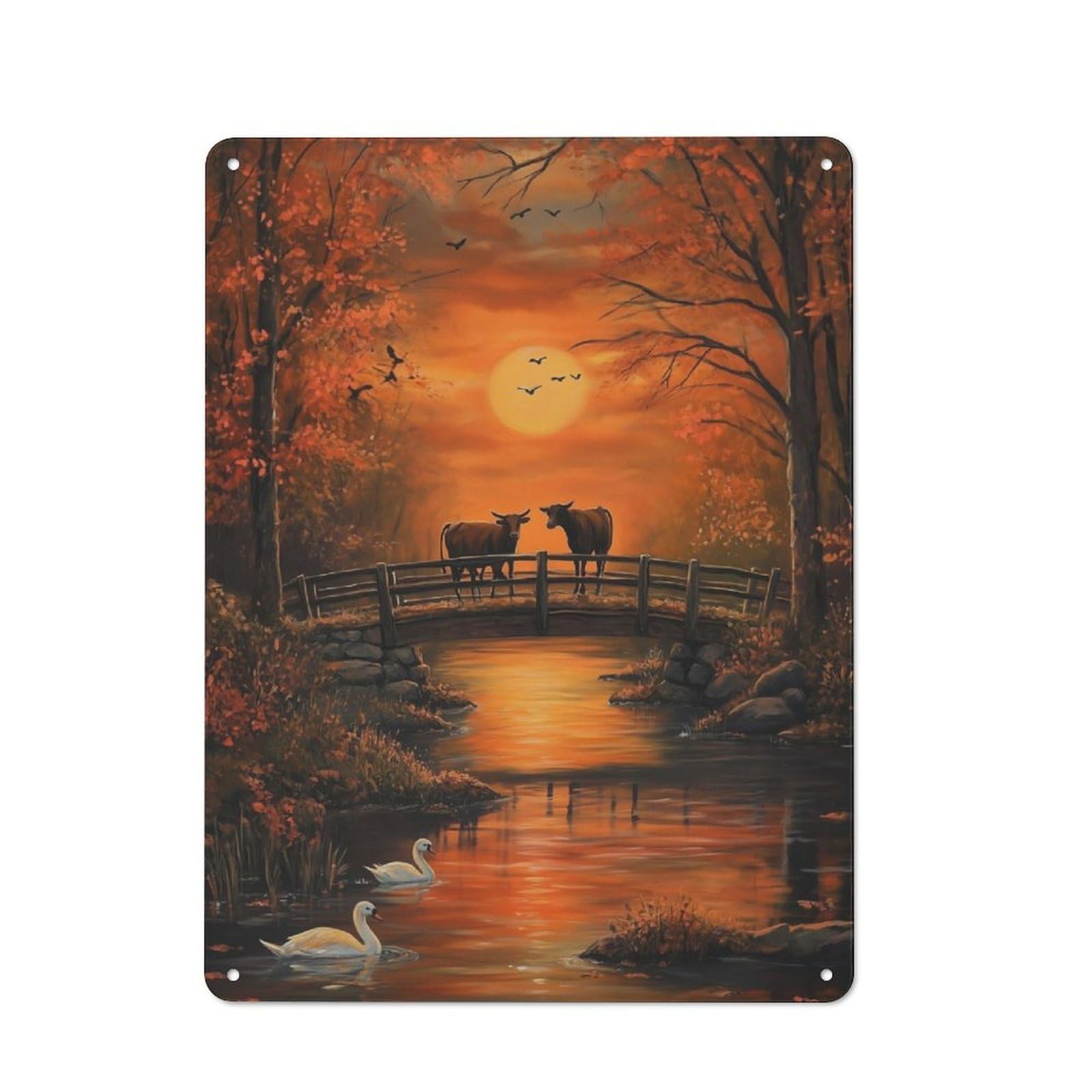 Junmoney Cows In Autumn Sunset Bridge Tin Wall Plaque 40X30cm With For Pub Or Café, With Clear Vintage Wall Decor Character