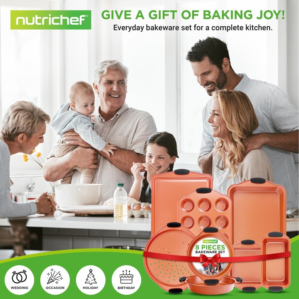 NutriChef Backformen Set 8-teilig, Antihaft mit Silikongriffen- Stapelbar & Spülmaschinengeeignet, Für Kuchen Muffins Brot & Springform, Ideal für Hobbybäcker, Familien und Partys
