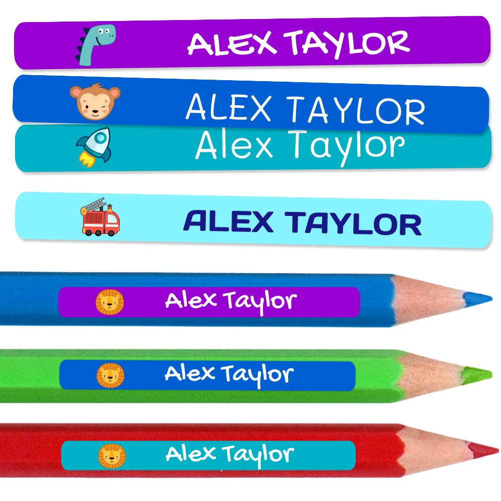 150 Personalised Sticky Labels for Pencils and Ballpoint Pens School Stickers with Name for Marking Items Waterproof Stickers for School and Nursery Dimensions 4.6 x 0.6 cm — image 1