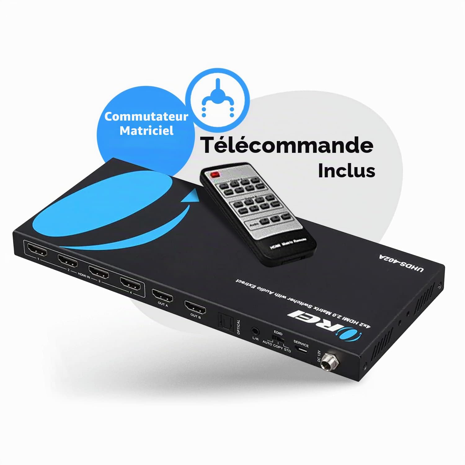 OREI Commutateur matriciel HDMI 4 x 2, commutateur 18 G UltraHD avec Arc Prend en Charge jusqu'à 4K @ 60 Hz et 1080p IR Audio Extracteur Arc EDID HDCP 2. Télécommande – Sélection de Matrice complète