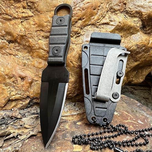 Image of Fixed Blade Knife, Full Tang w /Kydex Sheath, Belt Clip and Necklace easy Carry, Good for Camping Hiking Knife, Fishing Hunting edc MIN Knife Black