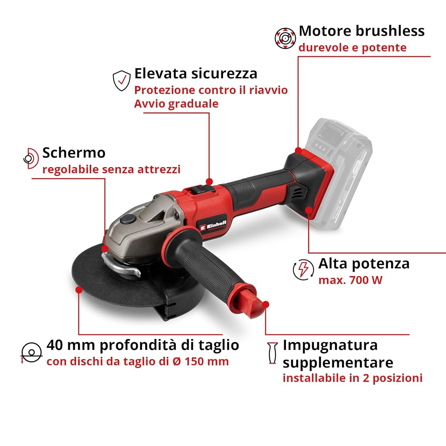 Einhell Professional Smerigliatrice angolare a batteria AXXIO 18/150 Power X-Change (18 V, 700 W, 150 mm diametro disco, 40 mm profondità taglio, Brushless, soft start, con disco, senza batteria)