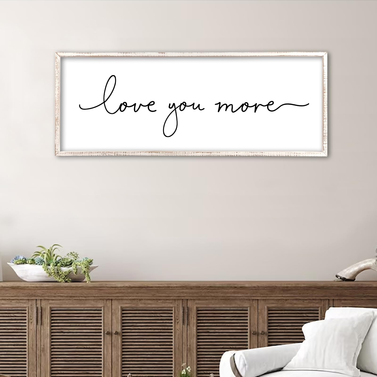 Targa decorativa da parete con scritta "Love You More", 101,2 x 38,1 cm, per camera da letto principale o camera degli ospiti, sopra il letto, per la casa, con cornice in legno, stile rustico, grande,