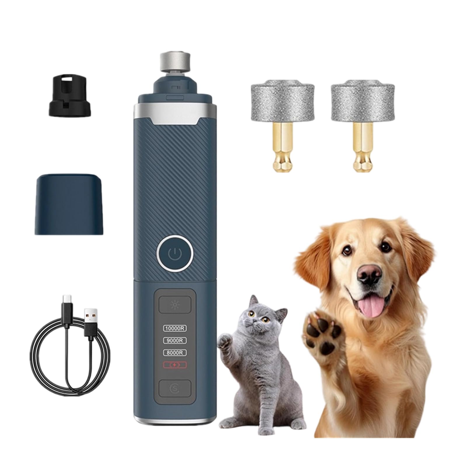 PANGBOER Smerigliatrice per Artigli per Cani e Gatti per toelettatura Domestica con Controllo a 3 velocità e 2 testine smerigliatura Smerigliatrice USB per Animali Domestici Toelettatura per Animali