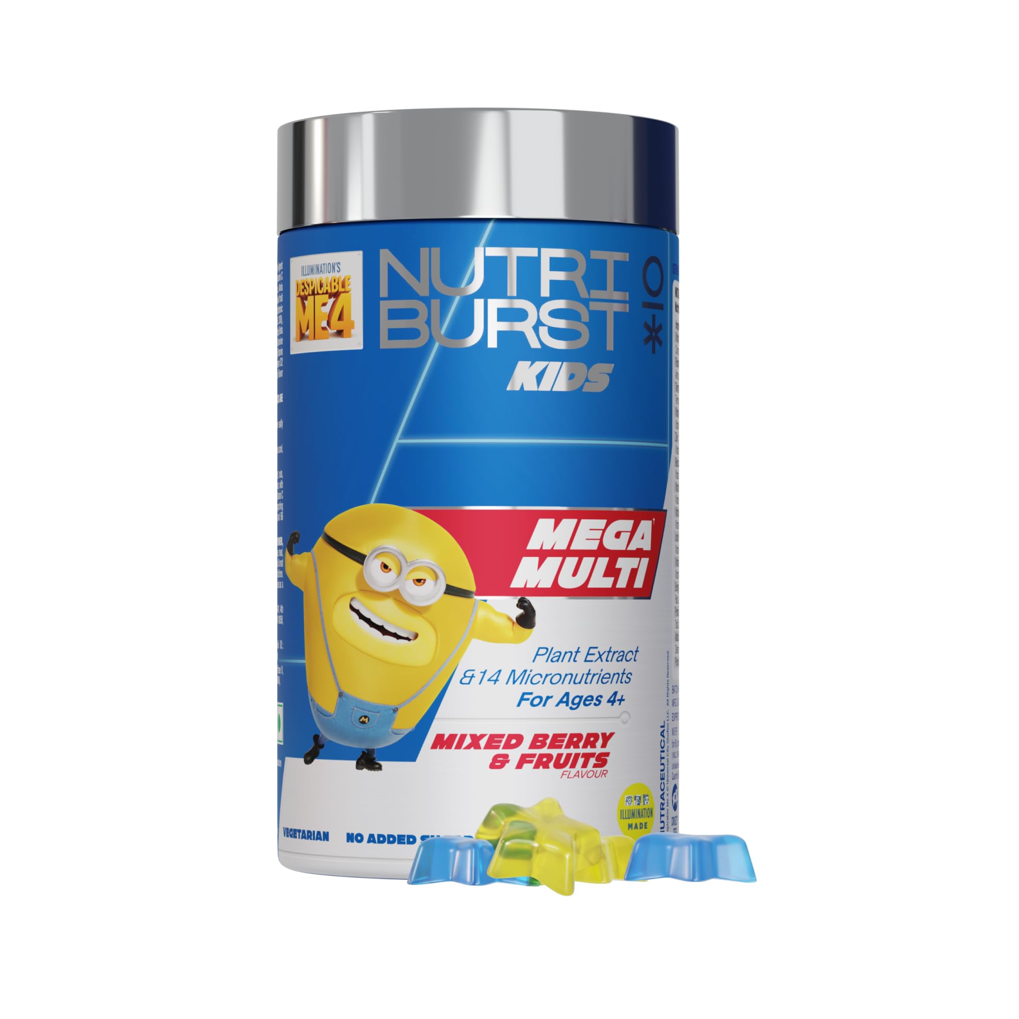 Nutriburst Minions Mega Multi Kids Gummies - 14 Essential Vit & Mins for Growth & Immune Support - Sugar-Free, Gluten-Free, Mixed Fruit Flavor, Chewable, Vegan - For Kids Aged 4+, 60 Gummy