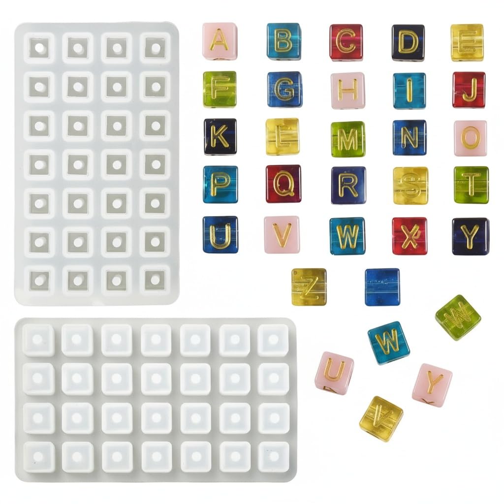 Stiesy Resin Letter Beads Molds with Hole 1Pc, Cube Dice with 26 Alphabet Silicone Epoxy Casting Molds for DIY Jewelry Making Pendant Earrings Necklace Bracelet Craft — image 1