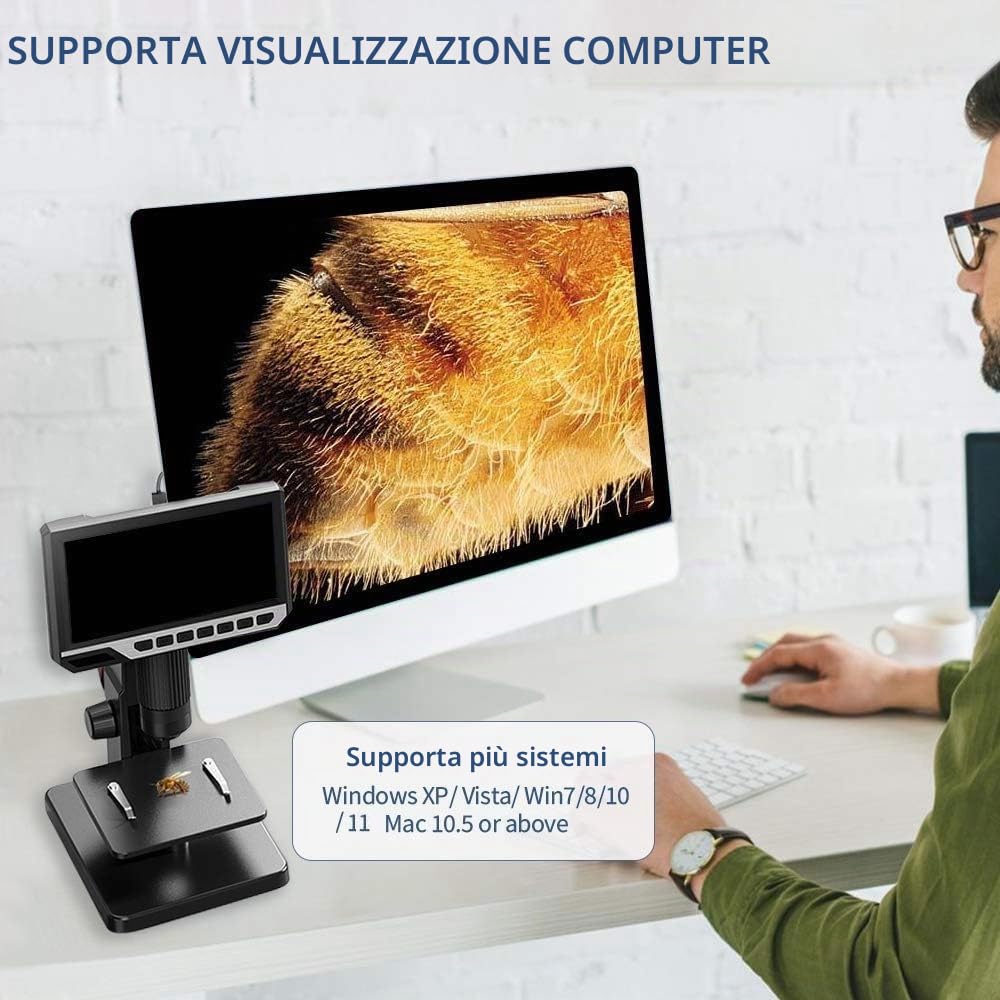 Microscopio Digitale con Display LCD 7 Pollici Doppia Lente 500-2000X Fotocamera da 12 MP con Videocamera 32G TF Luce a 11 LED Portatile Ricaricabile per Scienza e Biologia, Scuola e Ricerca