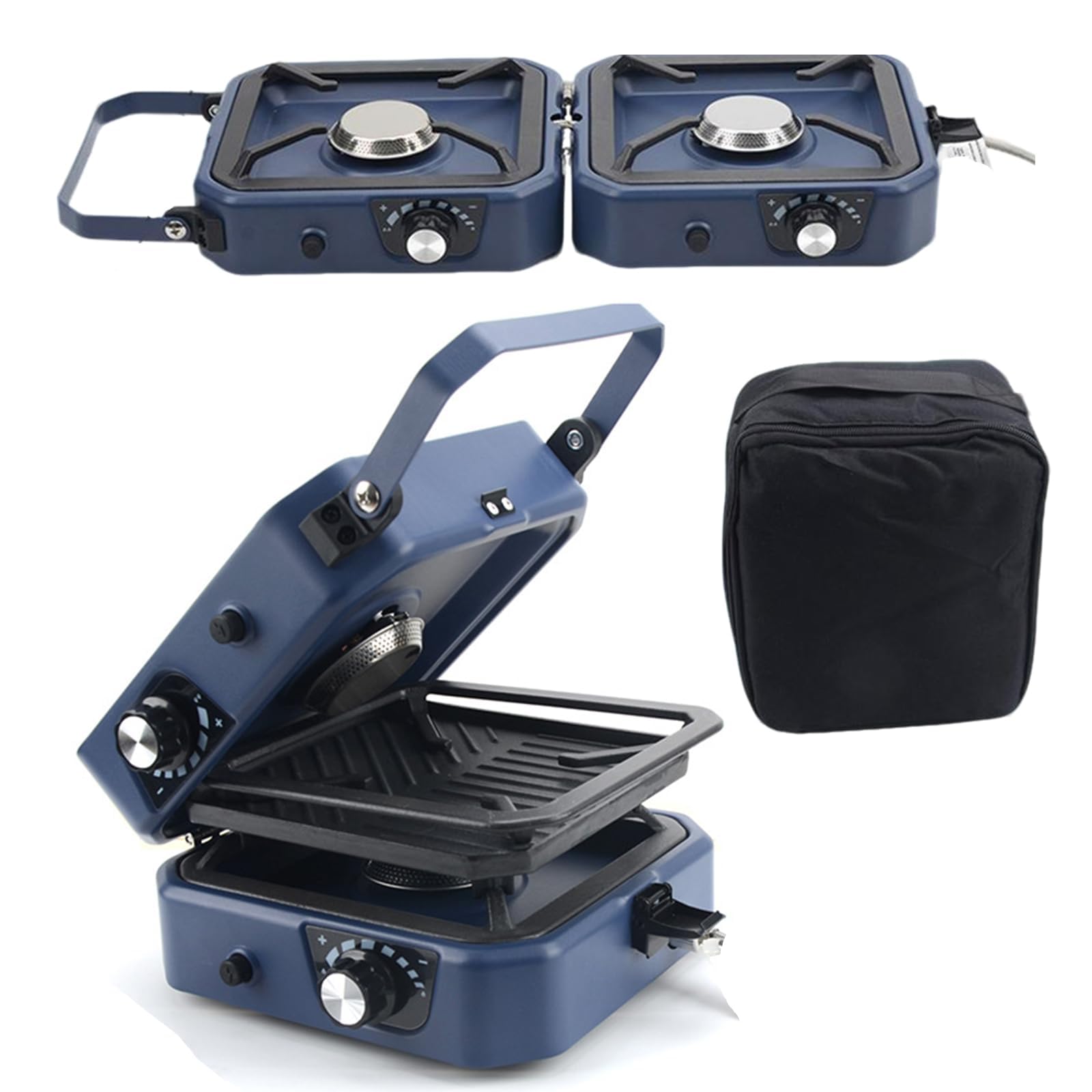 Estufa de camping portátil de 2 quemadores con plancha, quemadores ajustables y encendido piezoeléctrico para cocinar al aire libre