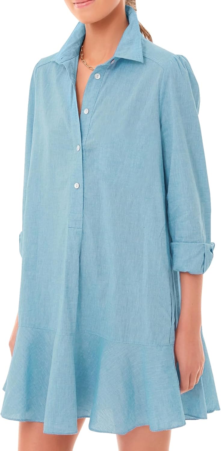 Women‘s Tunic Shirt Mini Dress Long Sleeve Cotton Short Dress Button Up Ruffle Hem Shift Dresses Lake Blue, Small