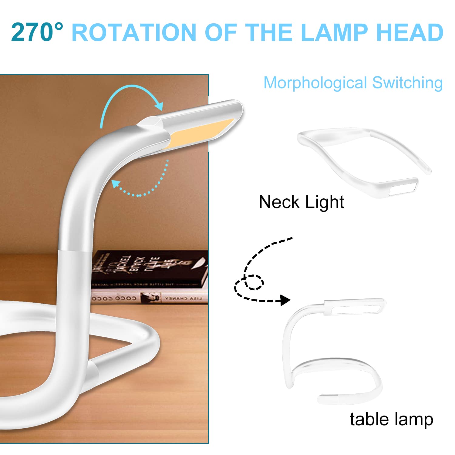 Luce da lettura a LED da collo, luce per lettura a letto, lampada da scrivania a luminosità regolabile, luce da lettura a 3 colori, luce con bracci pieghevoli, adatta per riparazioni, corsa notturna,