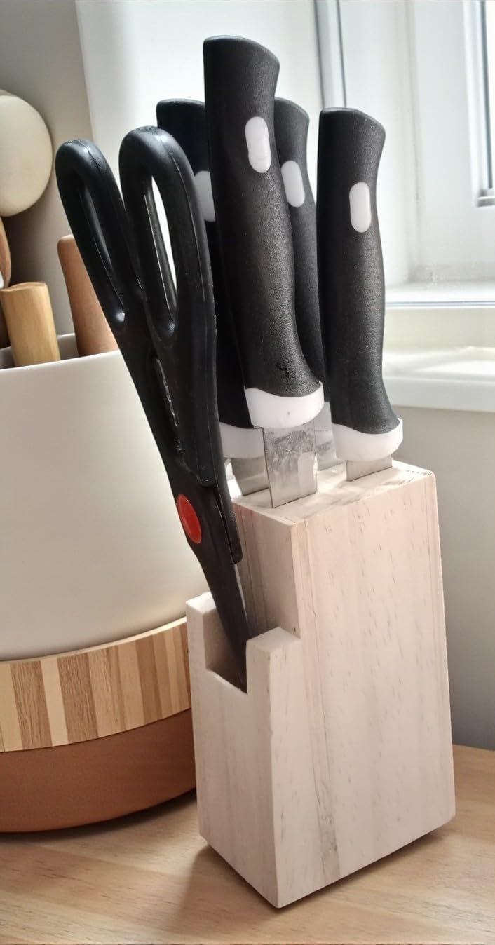 Kitchen Knifes 6 Piece Set with Wooden Block (Stainless Steel) 4 Knives, 1 Scissor, 1 Wooden Case