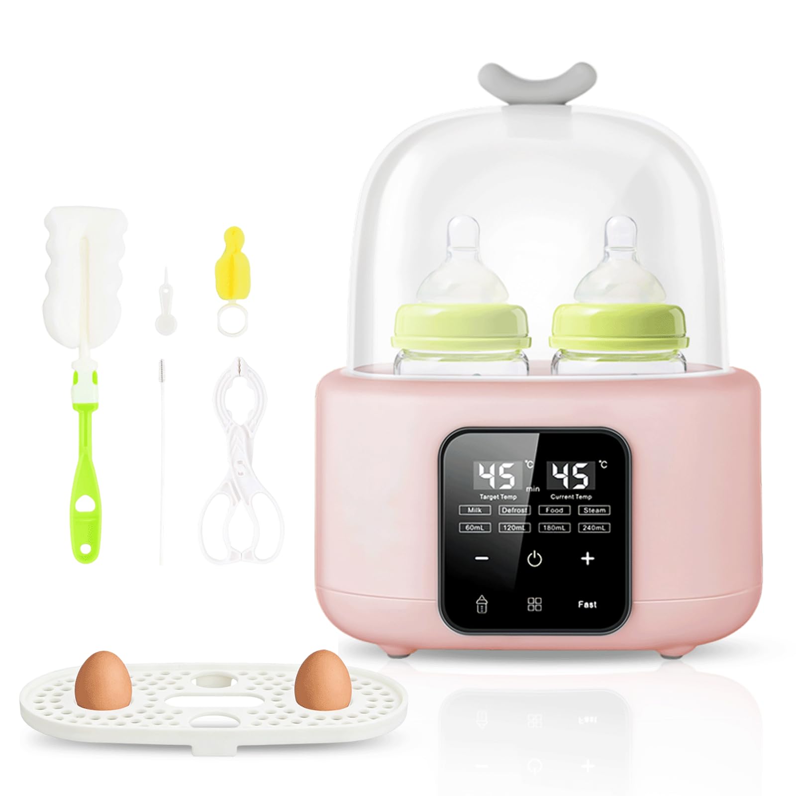 Focenat 6 in 1 Flaschenwärmer Baby, Sterilisator für Babyflasche, Flaschenwärmer, Babyflaschen Wärmer, Vaporisator für Babyflasche, Babykostwärmer mit Flaschenbürste und Clip (Rosa)