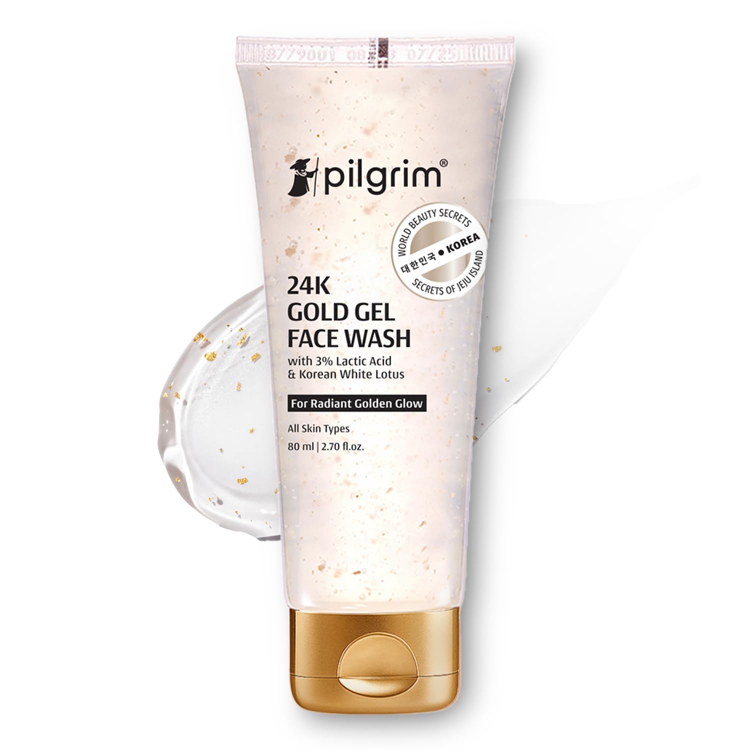 Pilgrim24k Gold Gel Facewash with Korean White Lotus & Lactic Acid 80ml | Face wash for glowing skin | Reduce dark spot and improves skin texture | Removes dullness | For All Skin Types