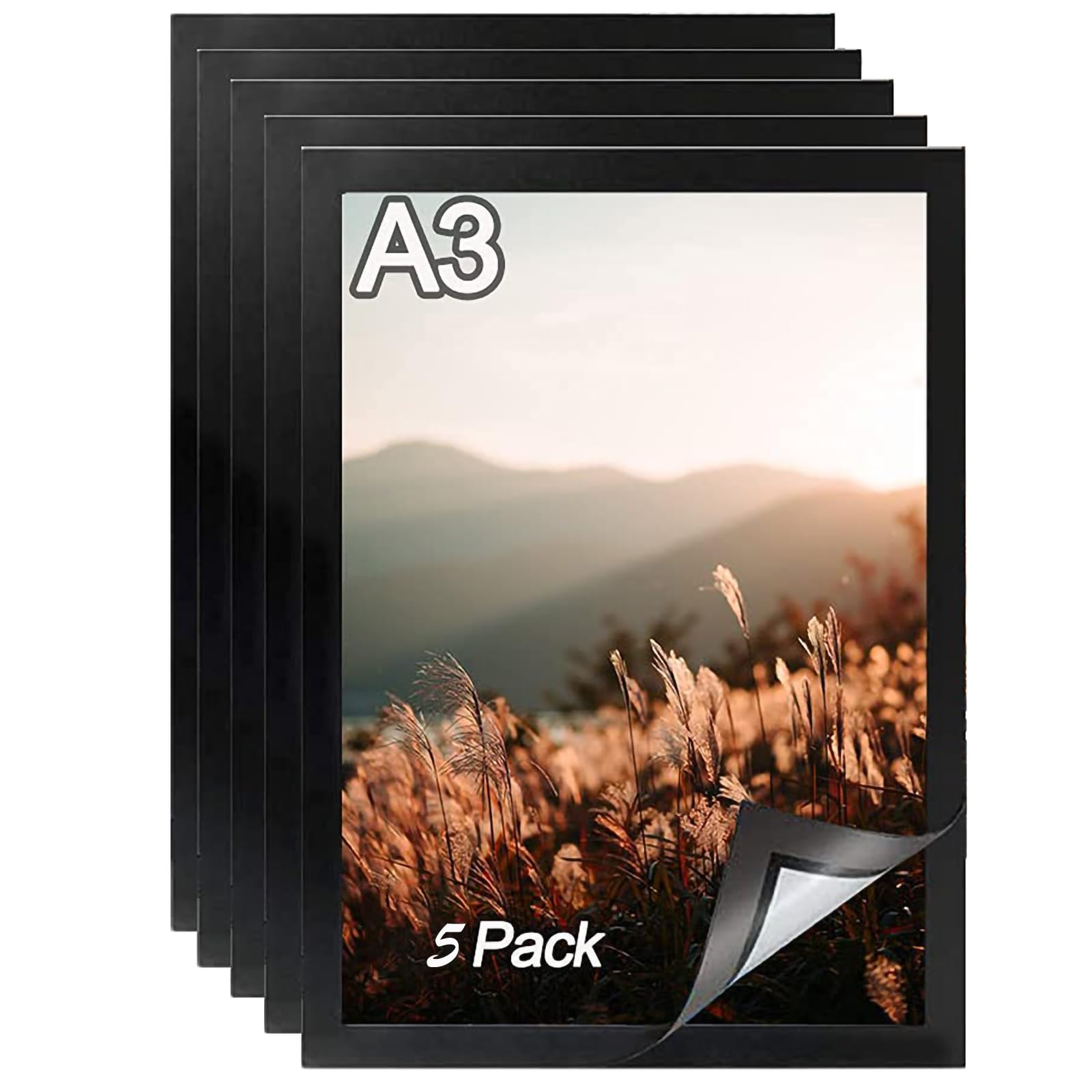 Excefore A3 Magnetic Display Frame, Self-Adhesive Paper Holder for Ad Display, Storage Photos, Notices, Documents - Photo Frame Alternative (5 Pack, Black)
