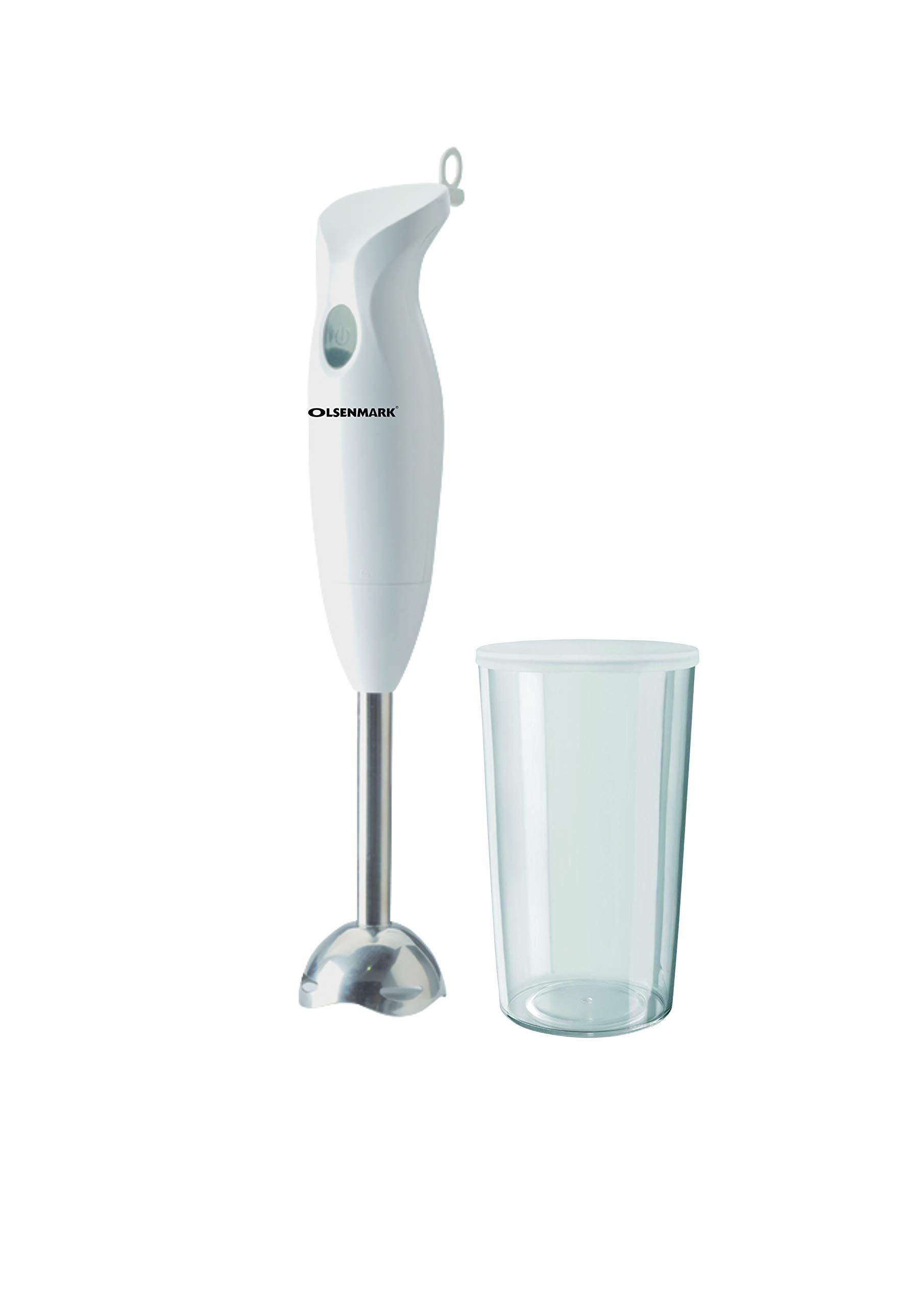 Olsenmark Hand Blender, 200W - Stainless Steel Blade - Detachable Stick & Hang Up Loop - One Speed Operation - Anti-Splash Bade Guard - 600ml Jar with Lid