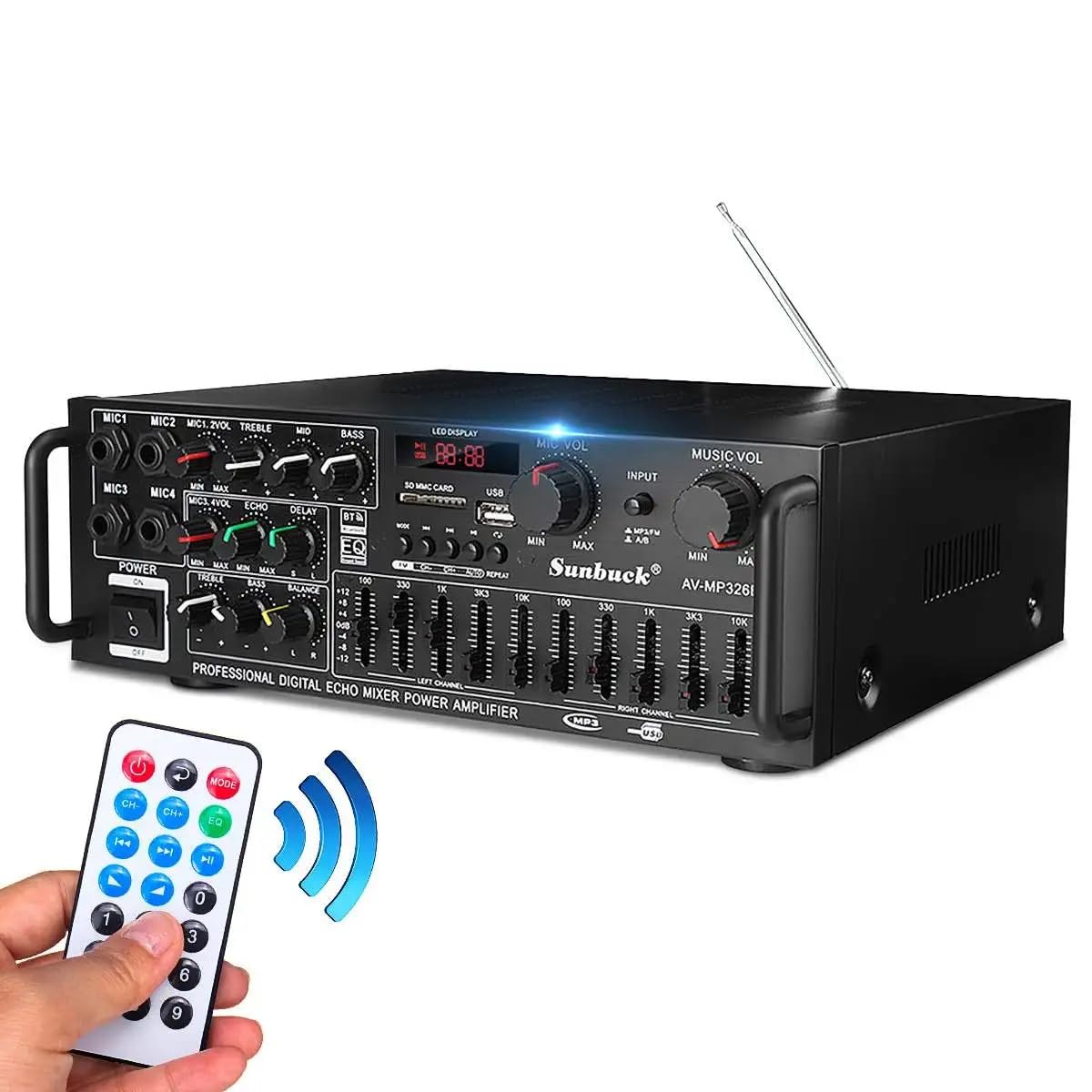 Amplificador de Potencia, Amplificador HiFi de 2 Canales, Amplificador Subwoofer reproducción Alta resolución, Potencia, USB SD con Mando a Distancia
