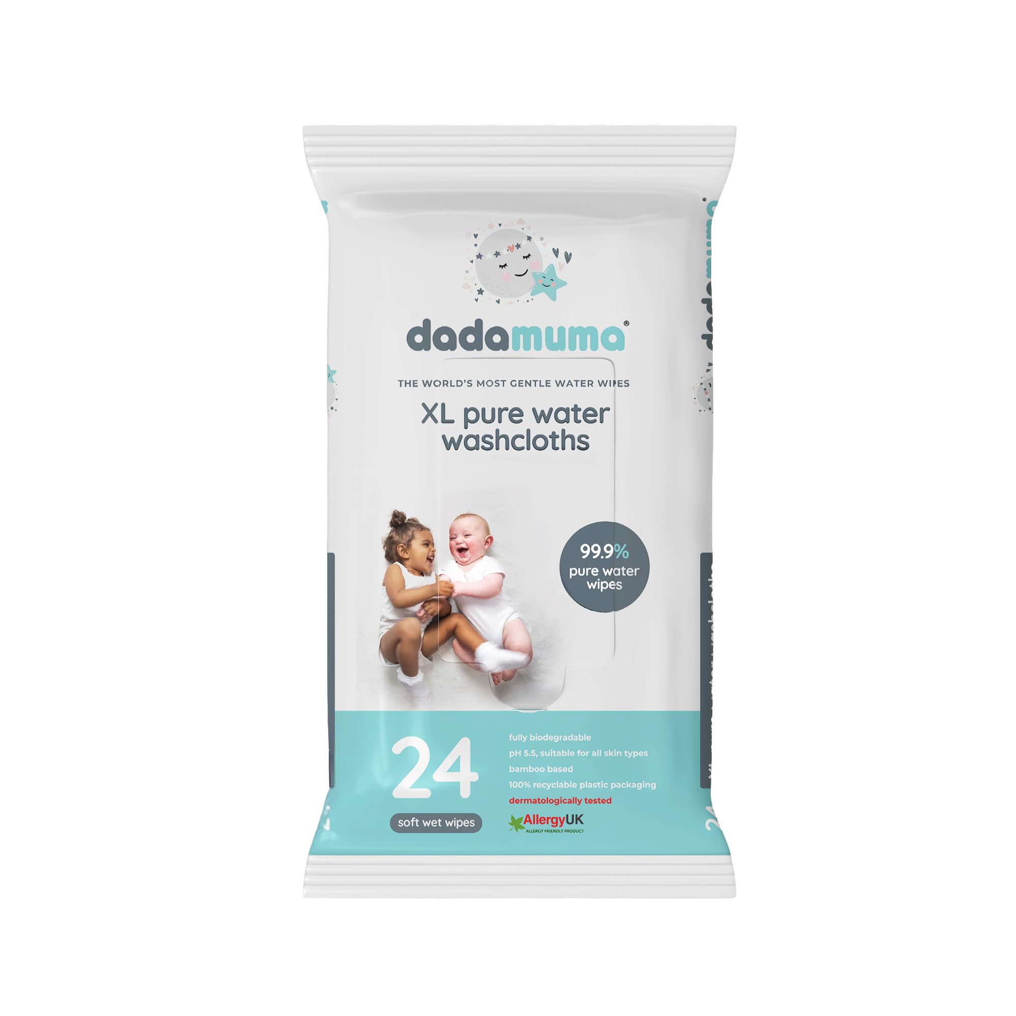 Dadamuma - 99.9% Pure Water XL Washcloths (Pack x 24 wipes), Natural Ingredients, Large Body Wipe, Dermatologically Tested, Plastic-Free, Biodegradable, Rinse Free. Ideal for Camping, Post-surgery