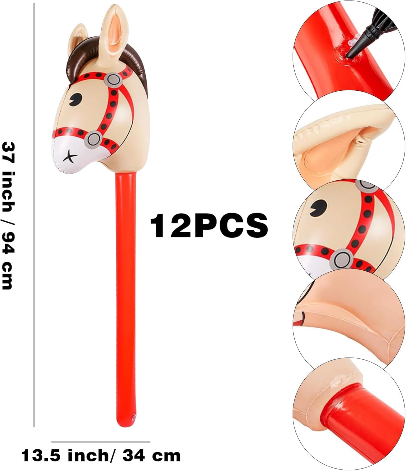 12 PCS 37 Inch Red Inflatable Stick Horse Balloons Durable PVC Horse Head on Stick for Western Cowboy Parties, Birthday Decorations, and Themed Events