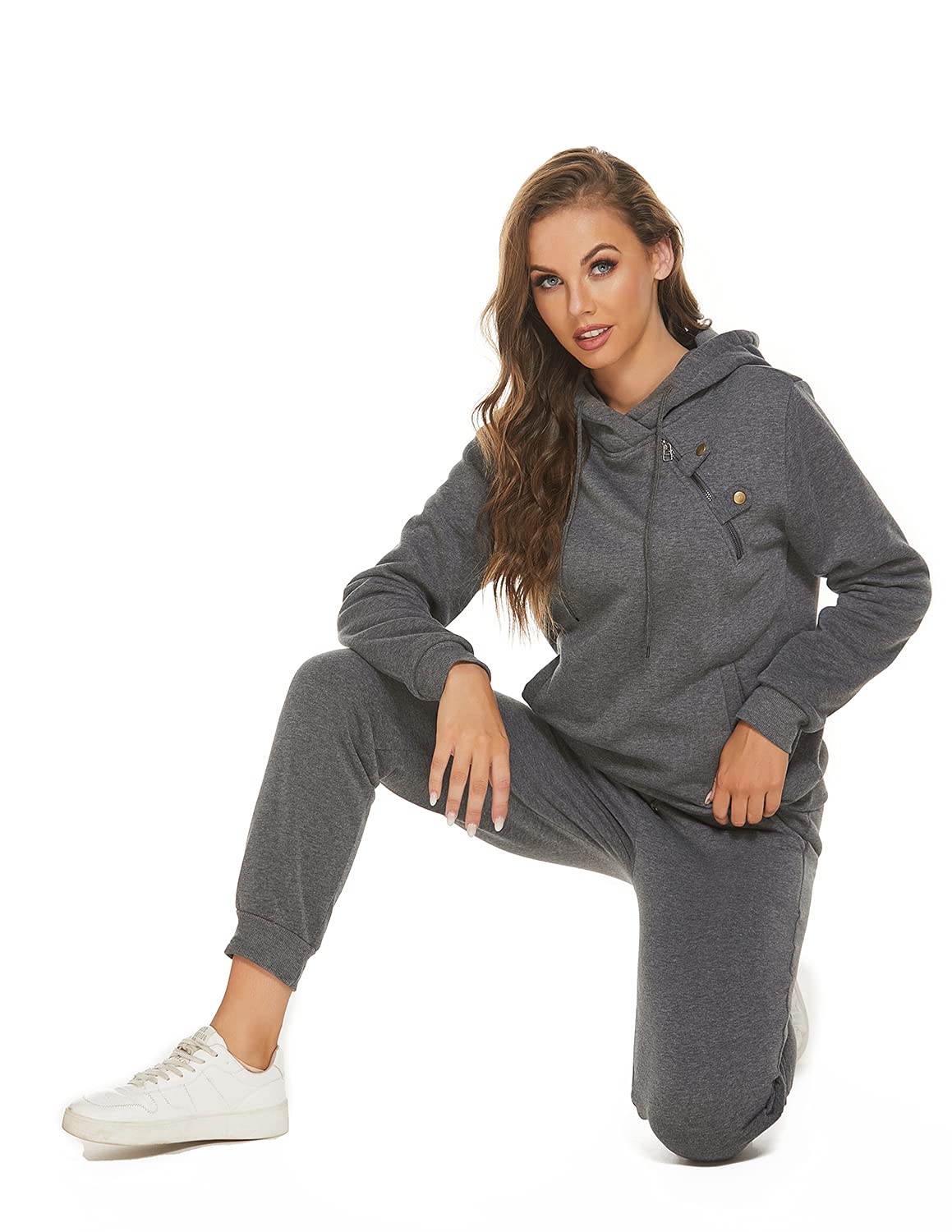 Dres treningowy damski, dwuczęściowy z długim rękawem, z zamkiem błyskawicznym, na jesień, zimę, do jogi, fitnessu, sportu, na czas wolny, szary, M